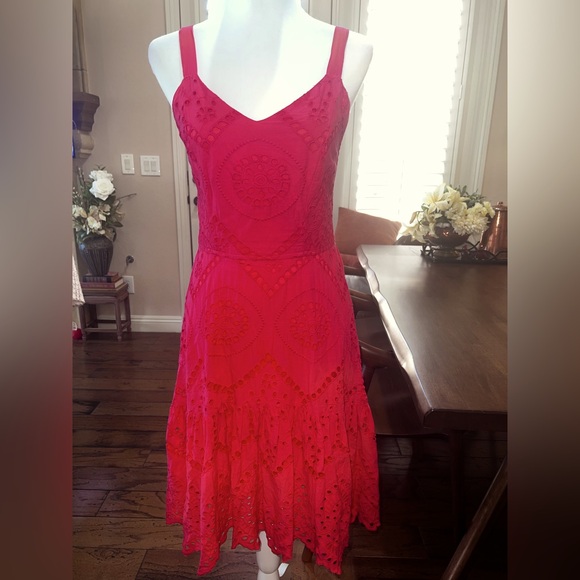Japna Hot Coral Pink Eyelet Sundress Resort smocked back. Lined.  Hi-Lo. Size M - Picture 1 of 9